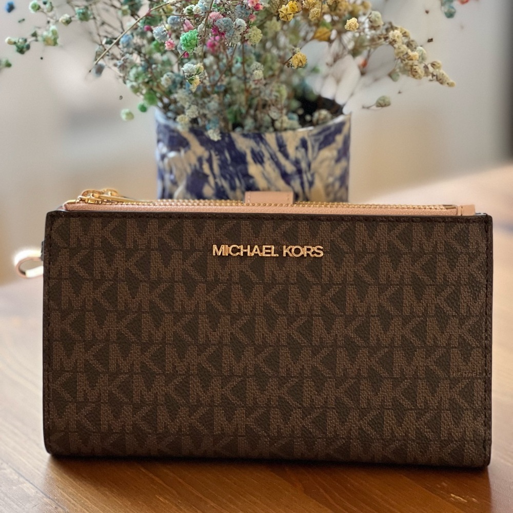 Michael Kors Jet Set Travel Double Zip Wristlet - Brown Signature/ Powder Blush